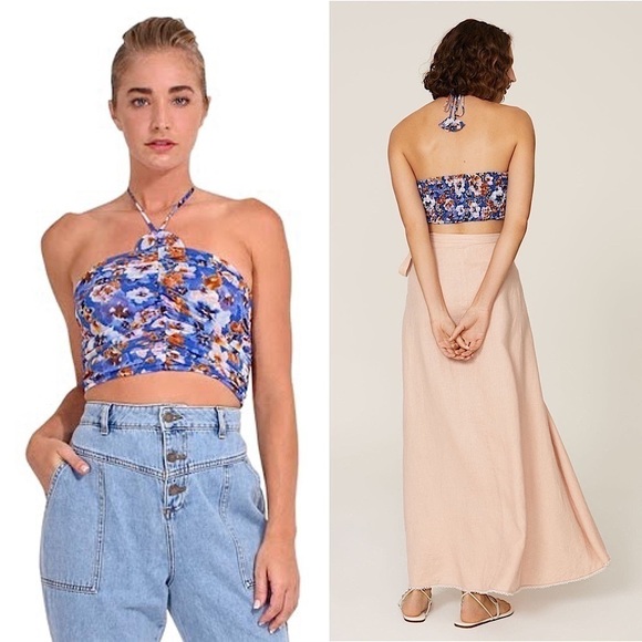 MISA LOS ANGELES Floral Ruched Smocked Sleeveless Halter Neck Chiffon Crop Top M - Picture 16 of 16